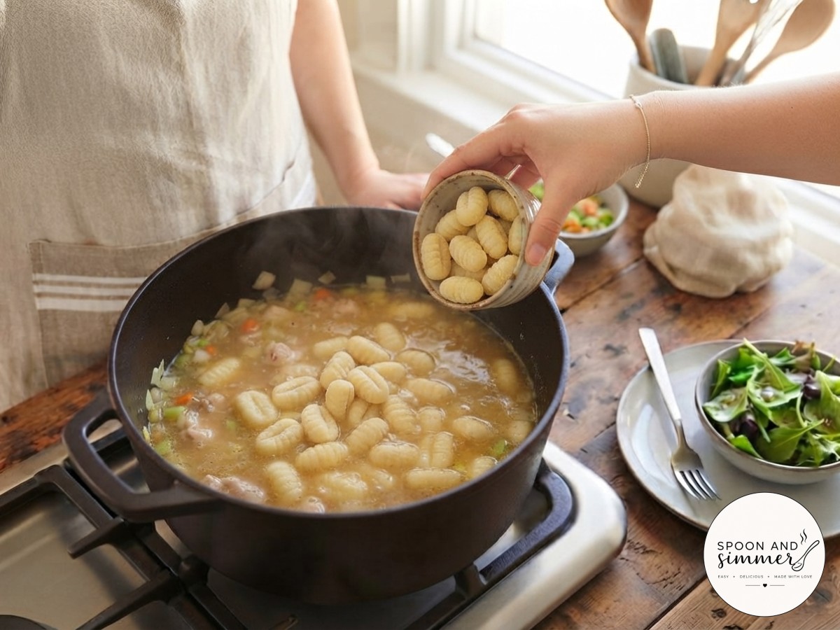 Uncooked gnocchi pillows float on top of the simmering broth in this one pot gnocchi chicken pot pie.