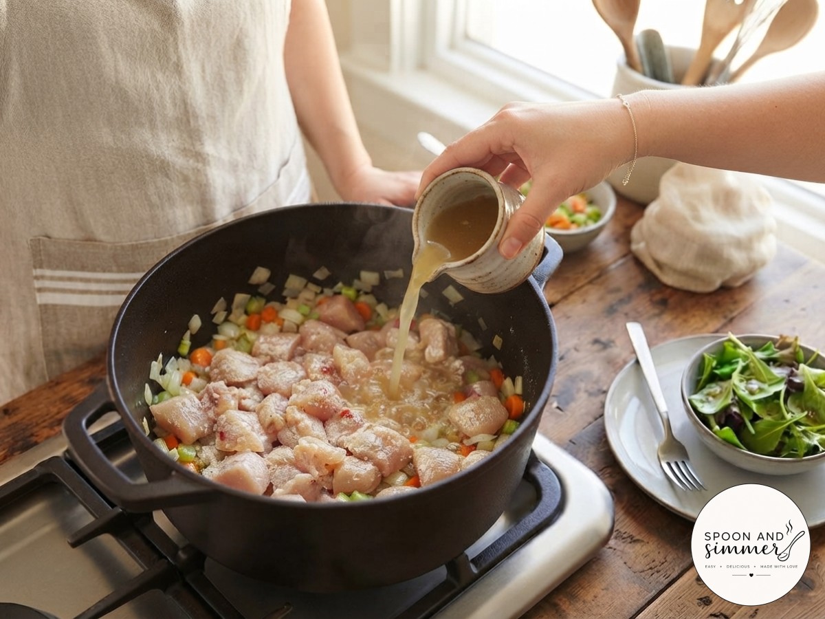 Chicken broth streams into the flour-dusted pot for my one pot gnocchi chicken pot pie base.