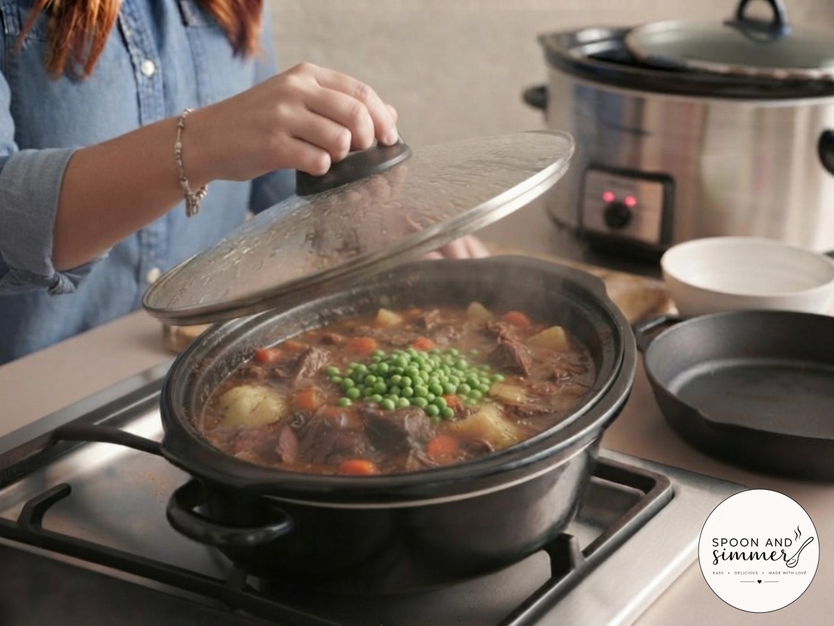Lid lifted to reveal fork-tender beef and thickened broth just before stirring peas into the stew.