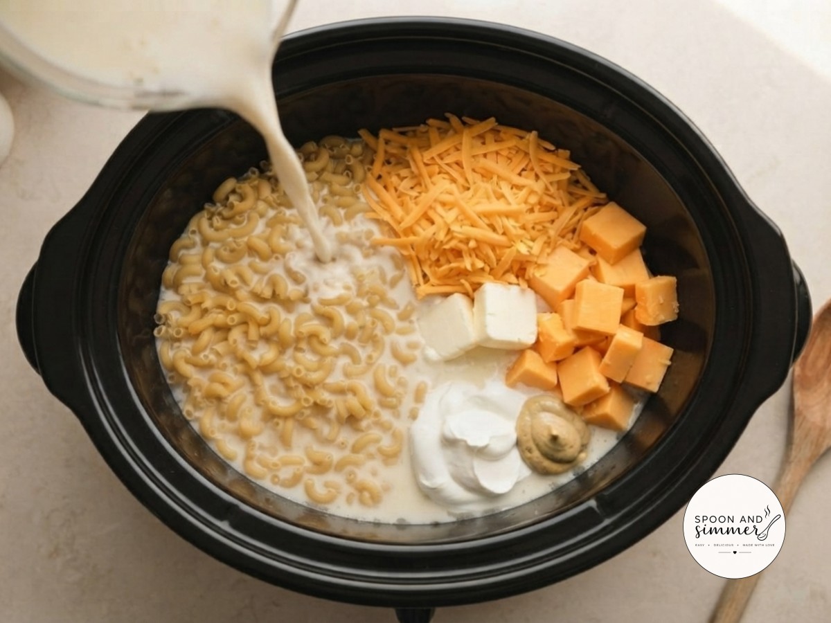 Milk and evaporated milk pour over pasta and cheese, the first step to ultra creamy mac and cheese.